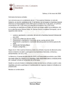 Convocada la Asamblea General Ordinaria de la Cofradía para el 21 de marzo